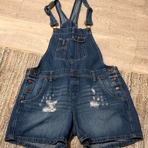 LEI Y2K Juniors Blue Denim Short Overalls Shortalls Distressed 90’s Size XL
